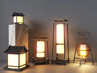 Japanese Style Outdoor Lights With Traditional Roof Like Tops And Warm Illumination Effects 3d model