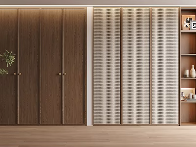Modern Wooden Wardrobe with Grille Design and Storage Shelf in Interior with Green Plant 3d model
