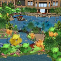 Urban Swimming Pool With Tropical Palms Greenery City View Lounge Chairs And People Recreation