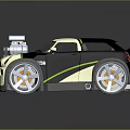 Unique Custom Car Black Cream Exterior With Exposed Engine Large Chrome Wheels Green Accent Stripes