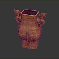 Carved Bronze Square Vessel With Dragon Shaped Handles And Intricate Patterns