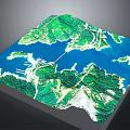 Detailed 3D Terrain Model With Green Mountainous Areas And Blue Water Bodies
