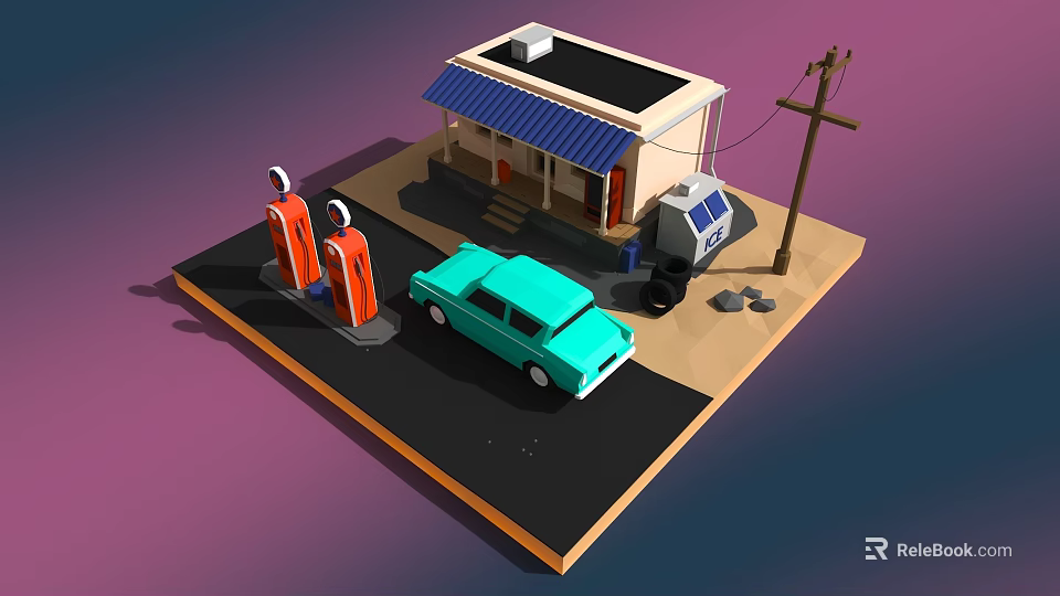 Cartoon Scene of Gas Station with Teal Car Small Building and Utility Pole 3d model 