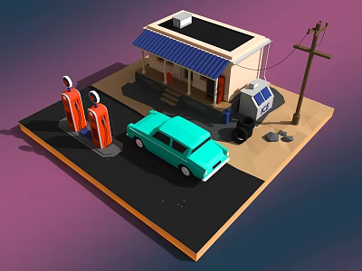 Cartoon Scene of Gas Station with Teal Car Small Building and Utility Pole 3d model