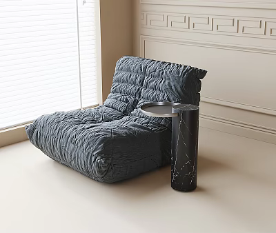 Gray Pleated Bean Bag Chair With Black Marble Side Table In Modern Minimalist Interior 3d model