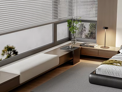 Modern Bay Window Seat With White Blinds Green Plant Small Table Table Lamp And Bed 3d model