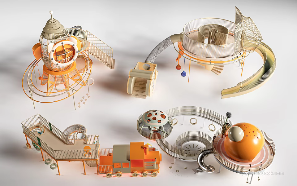 Modern Children's Playground Sports Equipment With Slides Climbing Structures And Train 3d model 