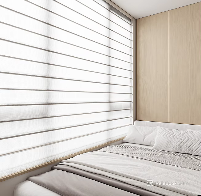 Light Colored Blinds In Modern Bedroom With Soft Pillows And Natural Light 3d model 