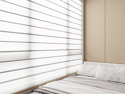 Light Colored Blinds In Modern Bedroom With Soft Pillows And Natural Light 3d model