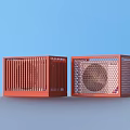 Two Red Air Cooler Fans Placed On Gray Surface With Blue Background 3d model