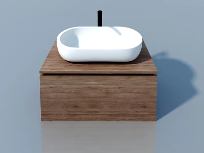 Modern Hinged Door Bathroom Vanity With Wooden Cabinet White Basin And Black Faucet 3d model