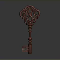 Red Carved Decorative Key With Intricate Floral Pattern And Ornate Handle