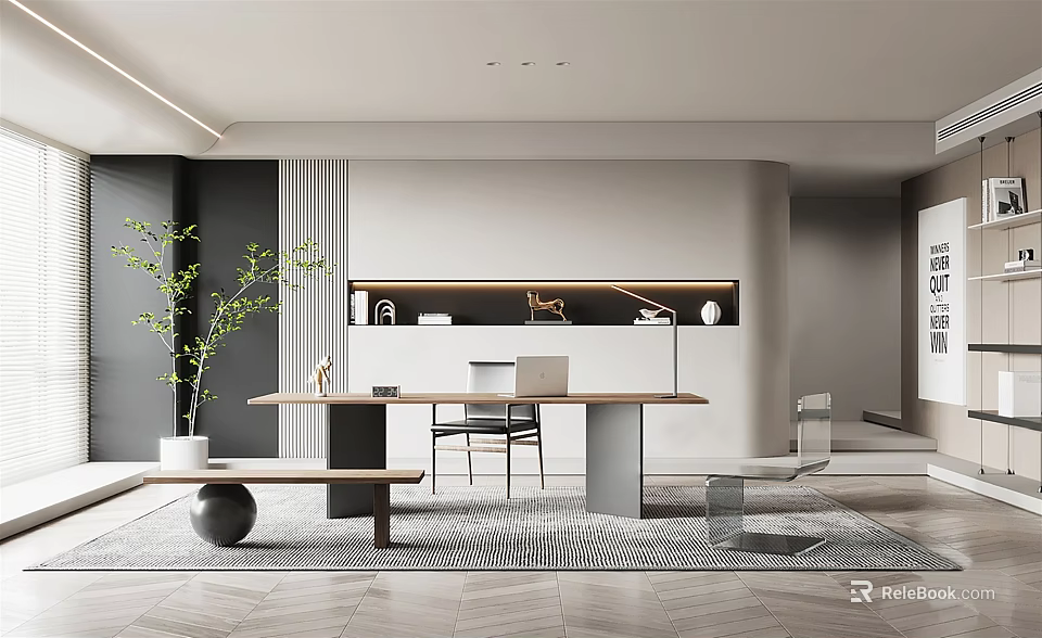 Modern Study Room Interior Design With Long Desk Green Plant And Bookshelf Chair Rug 3d model 