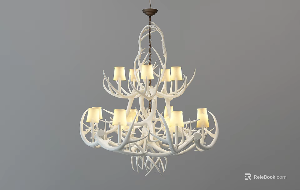 White Antler Design Chandelier With Multiple Yellow Shades For Rustic Decor 3d model