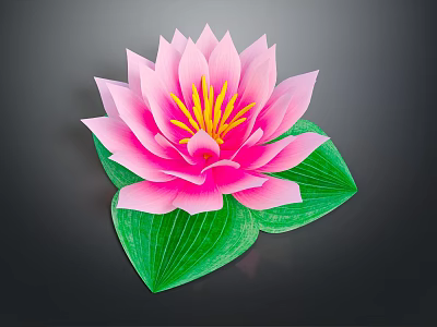 Blooming Pink Lotus Flower with Vibrant Yellow Stamens and Fresh Green Leaves 3d model