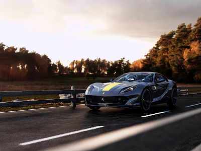 Ferrari Sports Car Driving On Scenic Road At Sunset With Autumn Trees 3d model Ferrari Sports Car Driving On Scenic Road At Sunset With Autumn Trees 3d model