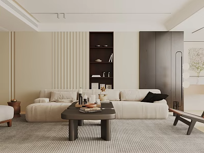 Modern Minimalist Living Room Interior With Beige Sofa Black Coffee Table And Bookshelf 3d model