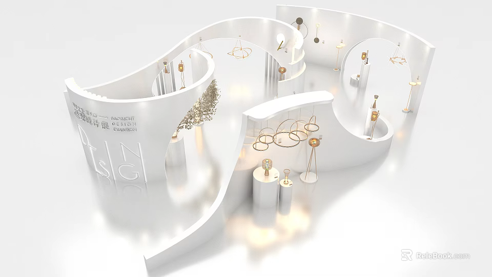 Modern Elegant Exhibition Hall With Curved White Displays And Hanging Lamps Design 3d model 