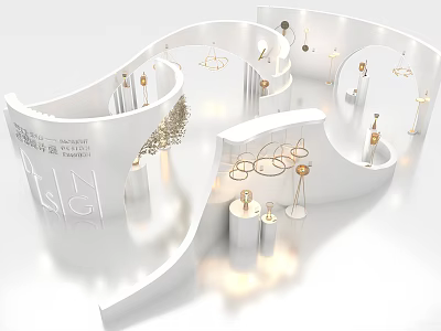 Modern Elegant Exhibition Hall With Curved White Displays And Hanging Lamps Design 3d model