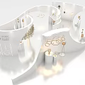 Modern Elegant Exhibition Hall With Curved White Displays And Hanging Lamps Design