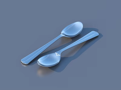 Silver Stainless Steel Spoon Set With Two Pieces On Gray Reflective Background 3d model
