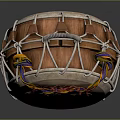 Traditional Hand Drum Featuring Natural Drumhead Decorative Metal Rings And Colorful Strings