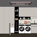 Modern Laundry Room Cabinet Rack With Double Washing Machines Sink And Cleaning Supplies Shelves