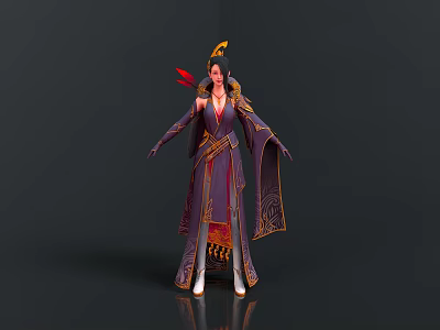 Traditional Style Woman In Purple Red Robe With Elaborate Headpiece And Tassels 3d model