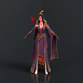 Traditional Style Woman In Purple Red Robe With Elaborate Headpiece And Tassels