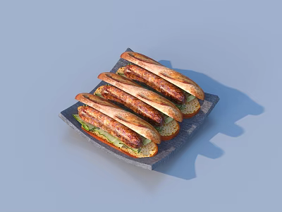 Tasty Hot Dogs With Sausages Green Vegetables In Buns On Black Tray 3d model