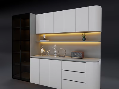 Modern White Sideboard With Glass Door Cabinet LED Lighting And Decorative Items 3d model
