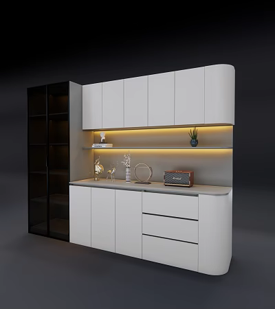 Modern White Sideboard With Glass Door Cabinet LED Lighting And Decorative Items 3d model