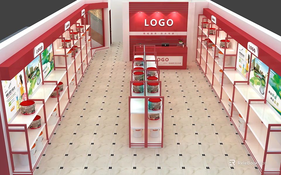Specialty Store Interior Design With Red Shelves Central Display Cabinet Logo And Checkered Floor 3d model 