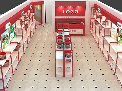 Specialty Store Interior Design With Red Shelves Central Display Cabinet Logo And Checkered Floor 3d model