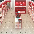 Specialty Store Interior Design With Red Shelves Central Display Cabinet Logo And Checkered Floor