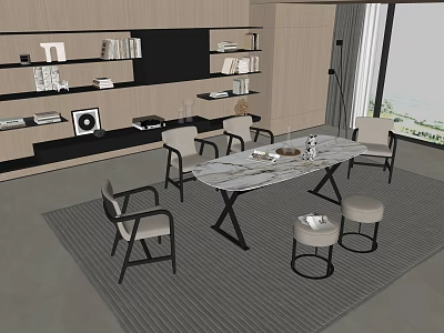 Modern Dining Table Set With Marble Top Dining Chairs And Stools On Striped Rug 3d model