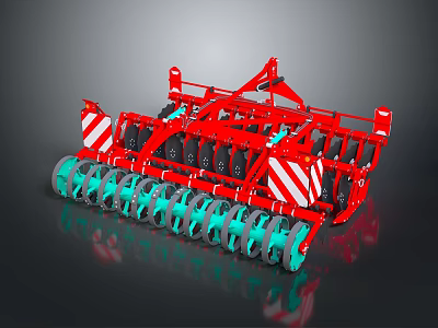 Red Agricultural Disc Harrow with Green Wheels and Multiple Disc Blades for Efficient Soil Preparation 3d model