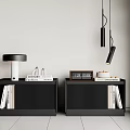 Modern Black Bedside Tables With Table Lamp Books Clock And Window Blinds