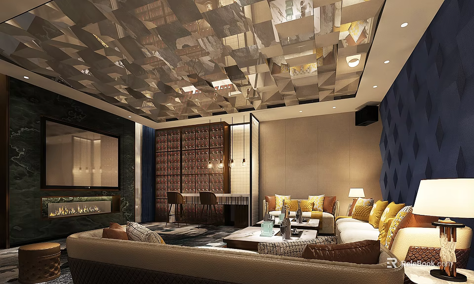 Luxurious Modern KTV Interior Space With Geometric Ceiling Comfortable Sofas And Ambient Lighting 3d model 
