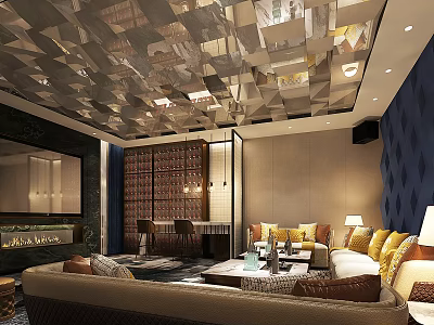 Luxurious Modern KTV Interior Space With Geometric Ceiling Comfortable Sofas And Ambient Lighting 3d model