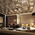 Luxurious Modern KTV Interior Space With Geometric Ceiling Comfortable Sofas And Ambient Lighting