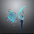 Blue Glowing Blade Weapon With Diamond Shaped Object Curved White Lines And Small Blue Fragments