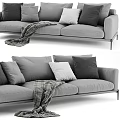 Modern Gray Three Seater Sofa With Plaid Throw And Multiple Cushions 3d model
