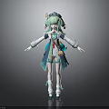3D Anime Fantasy Character Model With Green Hair Teal Cloak And Decorative Outfit
