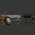 Rustic Wooden Bench Featuring Weathered Wood And Wooden Barrel With Metal Wheels