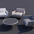Three Modern Single Seater Sofas White Beige Gray with Sleek Design Round Glass Coffee Table 3d model