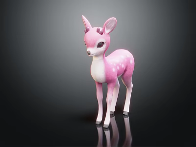 Adorable Pink Fawn Toy With White Spots Standing On Black Surface And Reflection 3d model