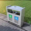 Garden Landscape Metal Waste Bin With Double Compartment Recycling Symbols On Grass Lawn