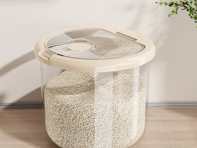 Transparent Cylindrical Kitchen Storage Container With Lid For Grain On Wooden Countertop 3d model
