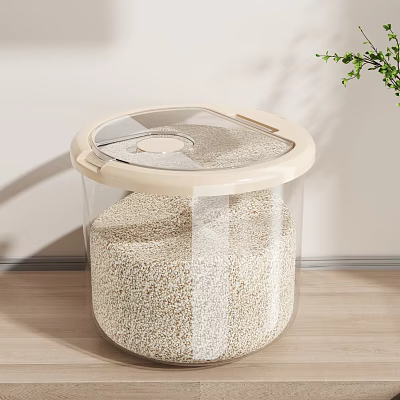 Transparent Cylindrical Kitchen Storage Container With Lid For Grain On Wooden Countertop 3d model